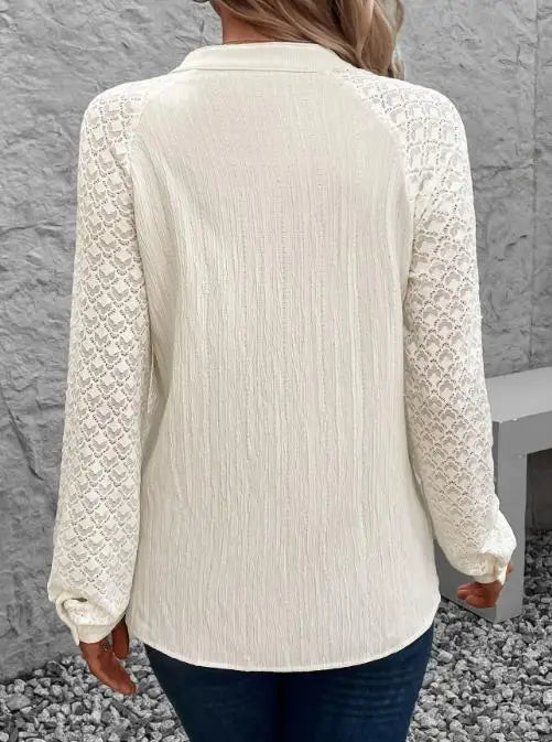 Raglan Lace-Sleeve Button Down Blouse w/ Mandarin Collar