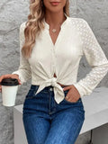 Raglan Lace-Sleeve Button Down Blouse w/ Mandarin Collar