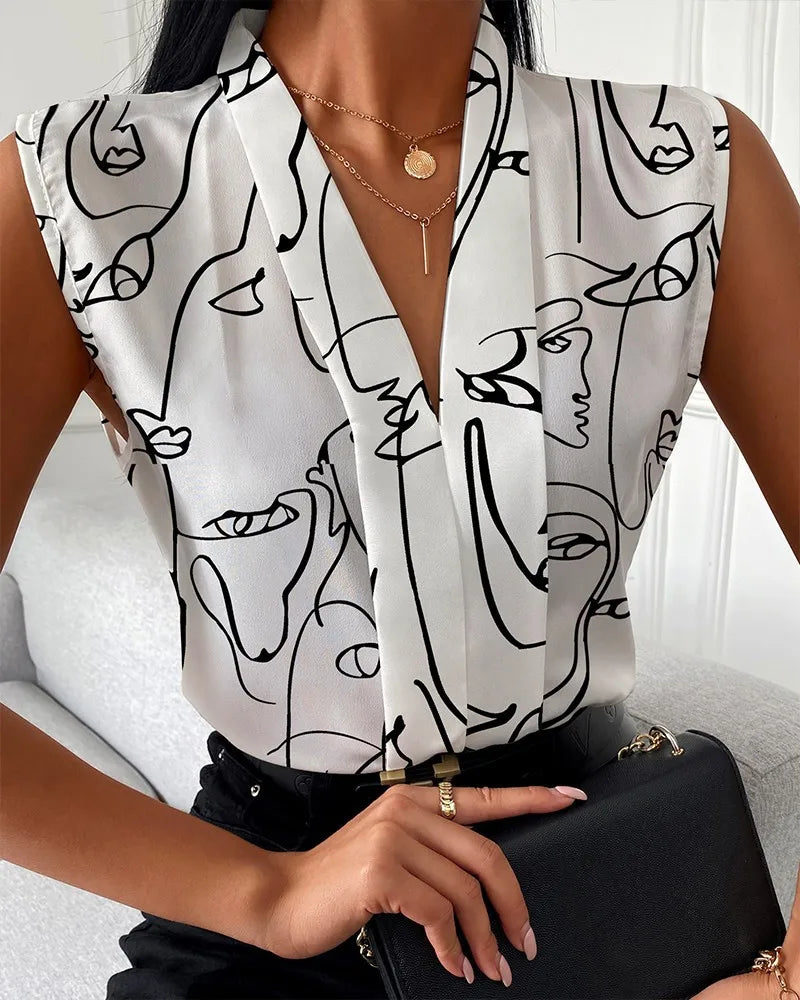 Printed V Neck Sleeveless Shirts Loose Fit Blouses w/ Slight Strech
