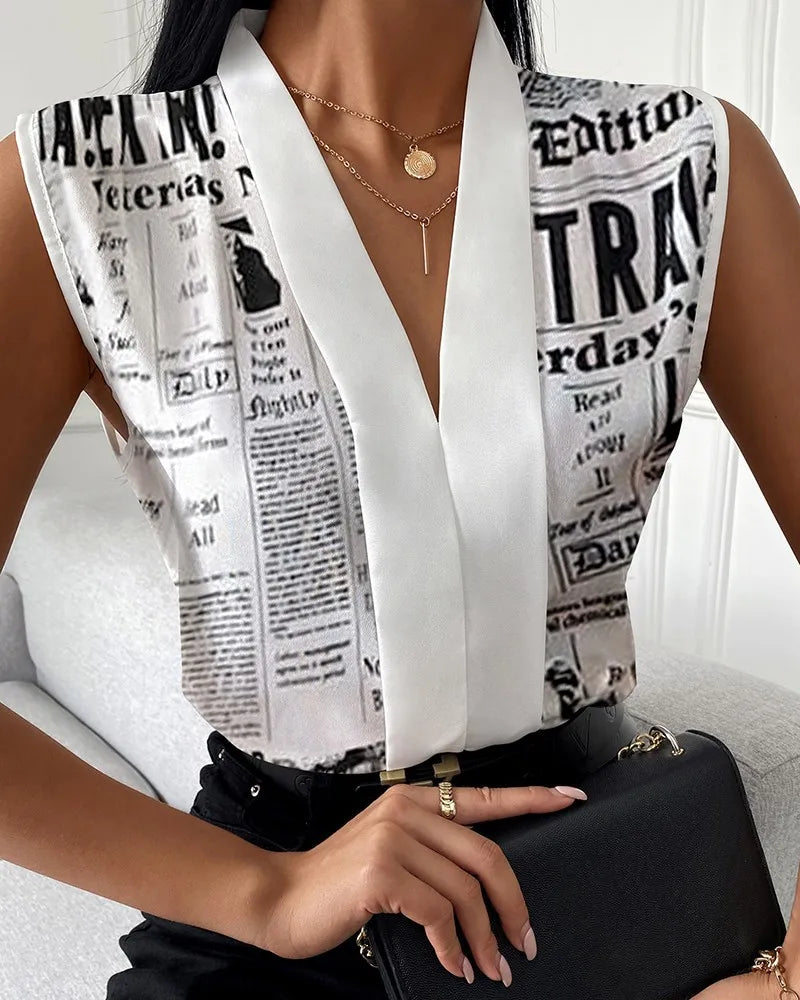 Printed V Neck Sleeveless Shirts Loose Fit Blouses w/ Slight Strech