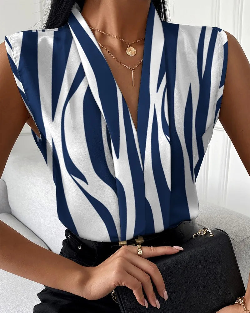 Printed V Neck Sleeveless Shirts Loose Fit Blouses w/ Slight Strech