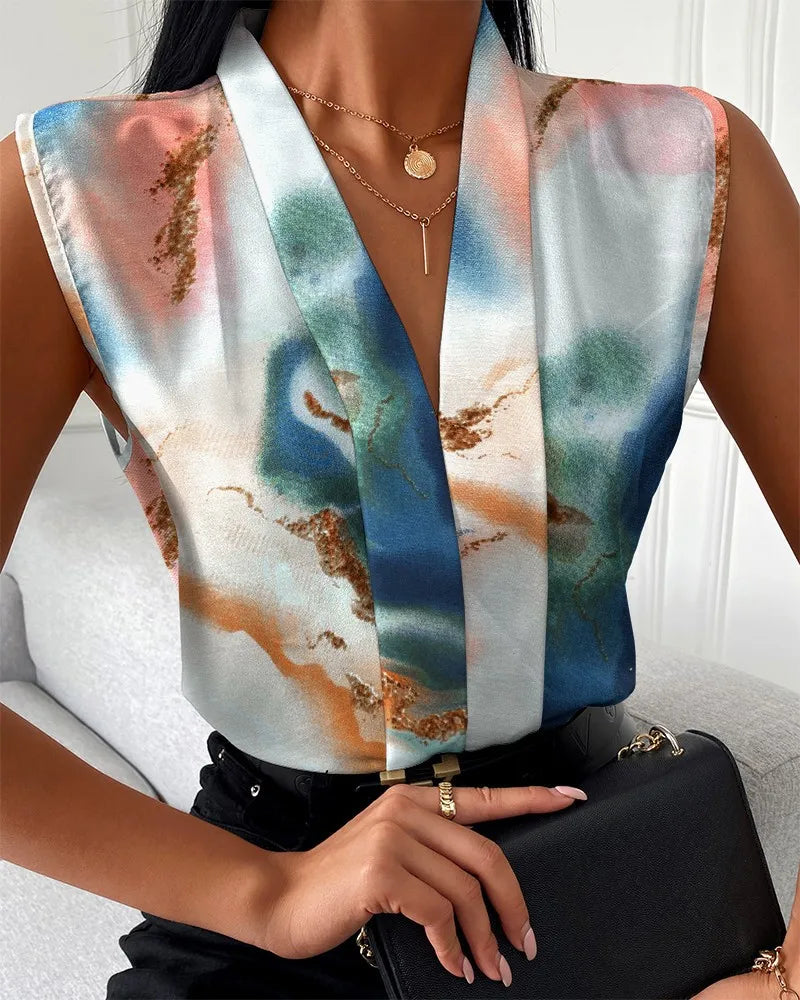 Printed V Neck Sleeveless Shirts Loose Fit Blouses w/ Slight Strech
