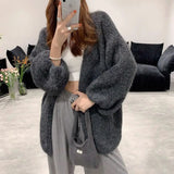 Knitted Cardigan Sweater w/ Lantern Sleeve