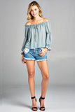 Puff Long Sleeve Front Tie Off Shoulder Top