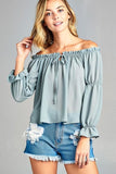 Puff Long Sleeve Front Tie Off Shoulder Top