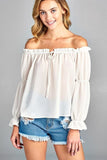 Puff Long Sleeve Front Tie Off Shoulder Top