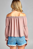Puff Long Sleeve Front Tie Off Shoulder Top