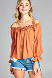 Puff Long Sleeve Front Tie Off Shoulder Top