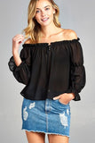 Puff Long Sleeve Front Tie Off Shoulder Top
