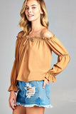 Puff Long Sleeve Front Tie Off Shoulder Top