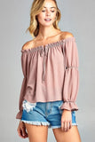 Puff Long Sleeve Front Tie Off Shoulder Top