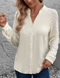 Raglan Lace-Sleeve Button Down Blouse w/ Mandarin Collar
