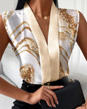 Printed V Neck Sleeveless Shirts Loose Fit Blouses w/ Slight Strech
