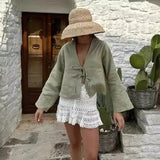 Woven Long-Sleeve Open Front Loose Fitting Blouse with Ties