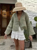 Woven Long-Sleeve Open Front Loose Fitting Blouse with Ties