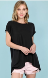 Short Sleeve Back Slit Top With Rolled Sleeves