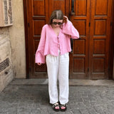 Woven Long-Sleeve Open Front Loose Fitting Blouse with Ties