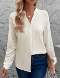 Raglan Lace-Sleeve Button Down Blouse w/ Mandarin Collar