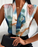 Printed V Neck Sleeveless Shirts Loose Fit Blouses w/ Slight Strech